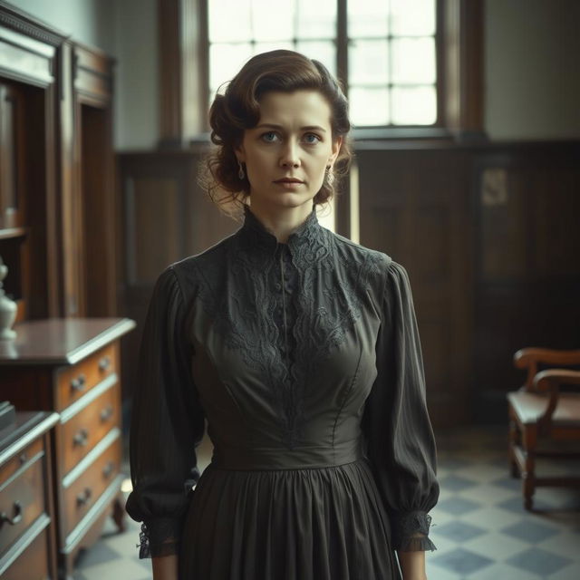 A Victorian era woman from a mental hospital, elegantly dressed in a long, slightly tattered gown typical of the period, with a high neckline and intricate lace details