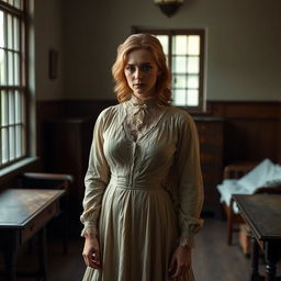 A Victorian era woman from a mental hospital, elegantly dressed in a long, slightly tattered gown typical of the period, with a high neckline and intricate lace details