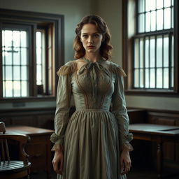 A Victorian era woman from a mental hospital, elegantly dressed in a long, slightly tattered gown typical of the period, with a high neckline and intricate lace details