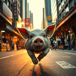 A desperate pig running through a bustling city, with its eyes wide open in panic, darting between startled pedestrians and colorful market stalls