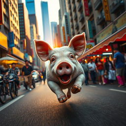 A desperate pig running through a bustling city, with its eyes wide open in panic, darting between startled pedestrians and colorful market stalls