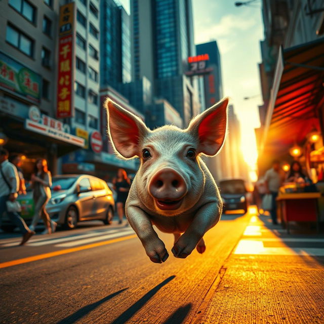 A desperate pig running through a bustling city, with its eyes wide open in panic, darting between startled pedestrians and colorful market stalls