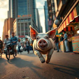 A desperate pig running through a bustling city, with its eyes wide open in panic, darting between startled pedestrians and colorful market stalls