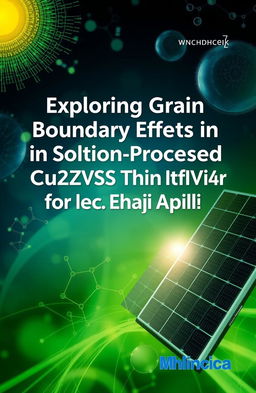 An eye-catching e-book cover design featuring the title "Exploring Grain Boundary Effects in Solution-Processed Cu2ZnSnS4 (CZTS) Thin Film for Solar Cells Application" prominently displayed