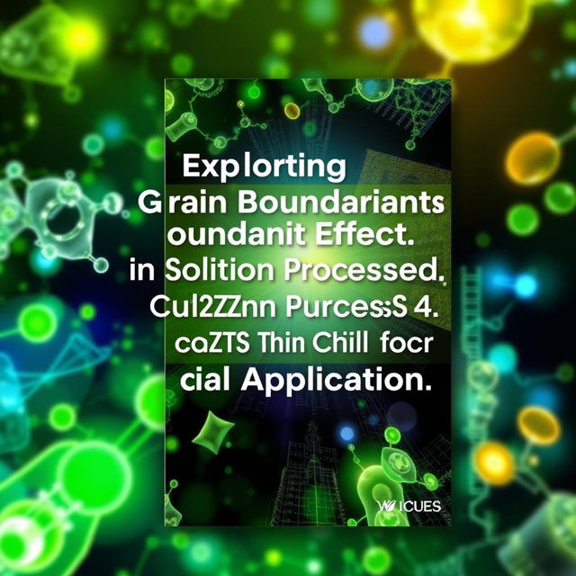 An engaging e-book cover design featuring the title "Exploring Grain Boundary Effects in Solution Processed Cu2ZnSnS4 (CZTS) Thin Film for Solar Cells Application" prominently displayed