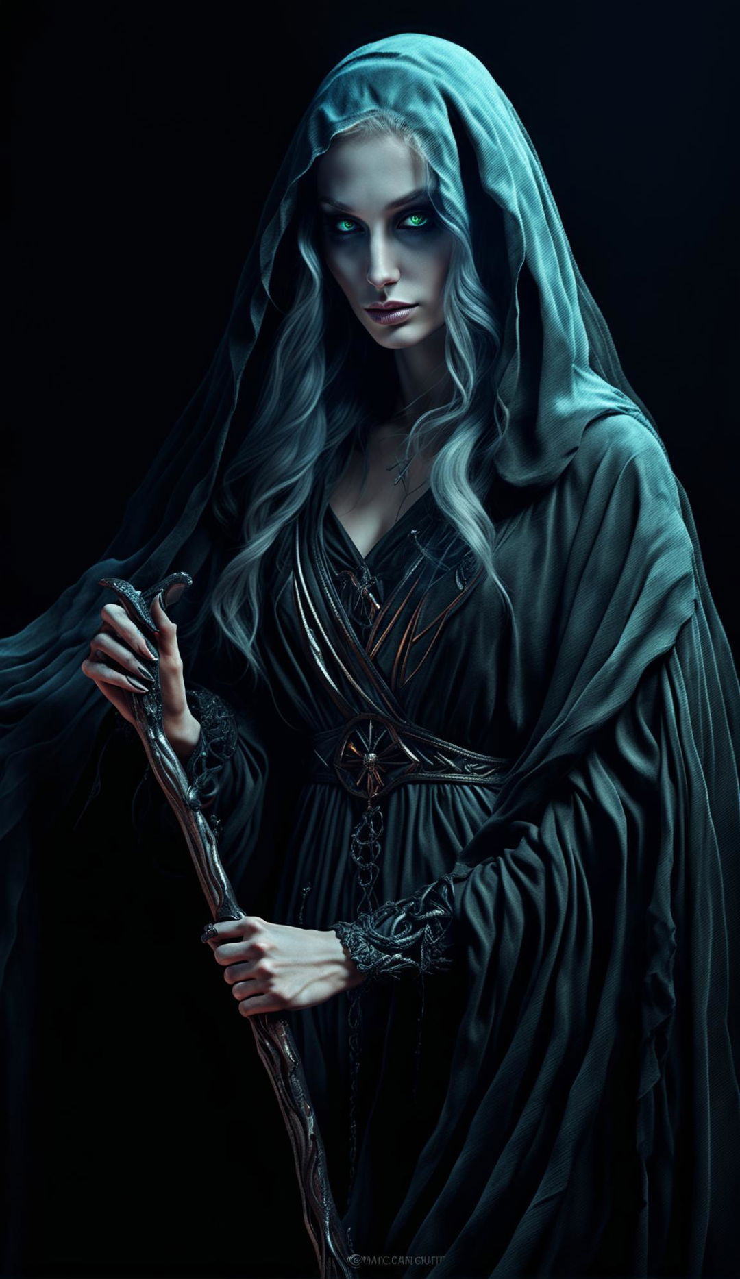 3D gothic realism candid full body side portrait of a beautiful woman as the Grimm Reaper with detailed pale green eyes, Cupid’s bow lips, small nose, high cheekbones, long wavy hair, traditional cape and scythe, under a magical spotlight and blacklight. Rendered in 36k HD professional photography with cinematic horror lighting.