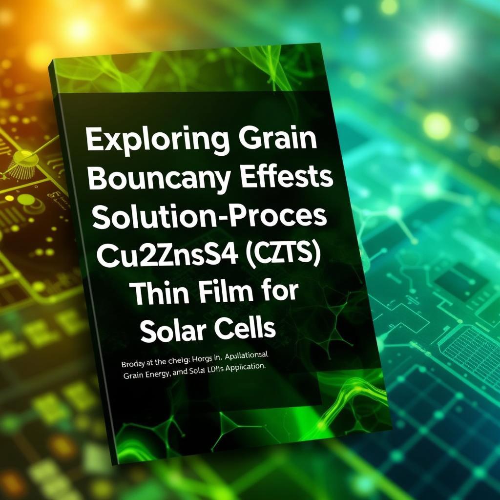 An attractive e-book cover design featuring the title "Exploring Grain Boundary Effects in Solution Processed Cu2ZnSnS4 (CZTS) Thin Film for Solar Cells Application" prominently on the front