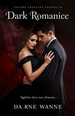 A dark romantic themed book cover featuring a mysterious couple in an intimate embrace, set against a moody, cinematic background