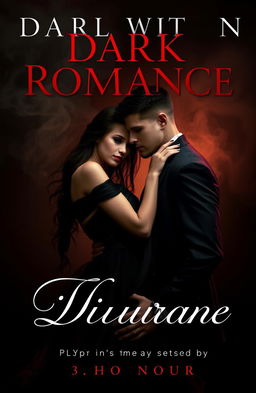 A dark romantic themed book cover featuring a mysterious couple in an intimate embrace, set against a moody, cinematic background