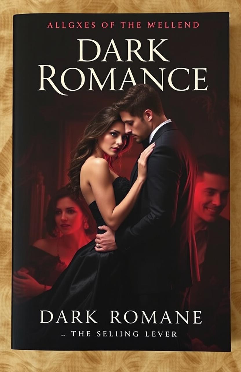 A dark romantic themed book cover featuring a mysterious couple in an intimate embrace, set against a moody, cinematic background