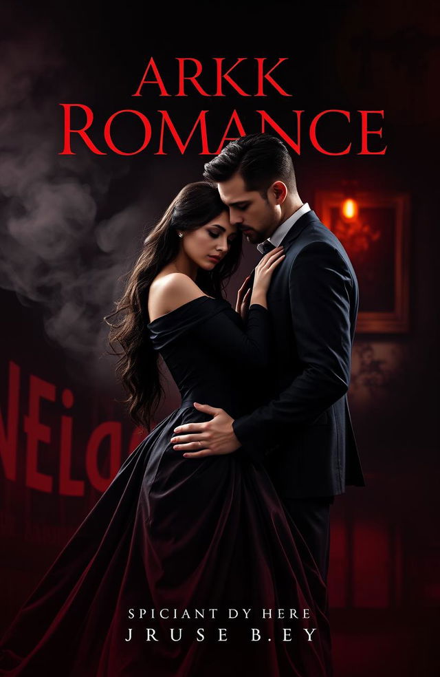 A dark romantic themed book cover featuring a mysterious couple in an intimate embrace, set against a moody, cinematic background