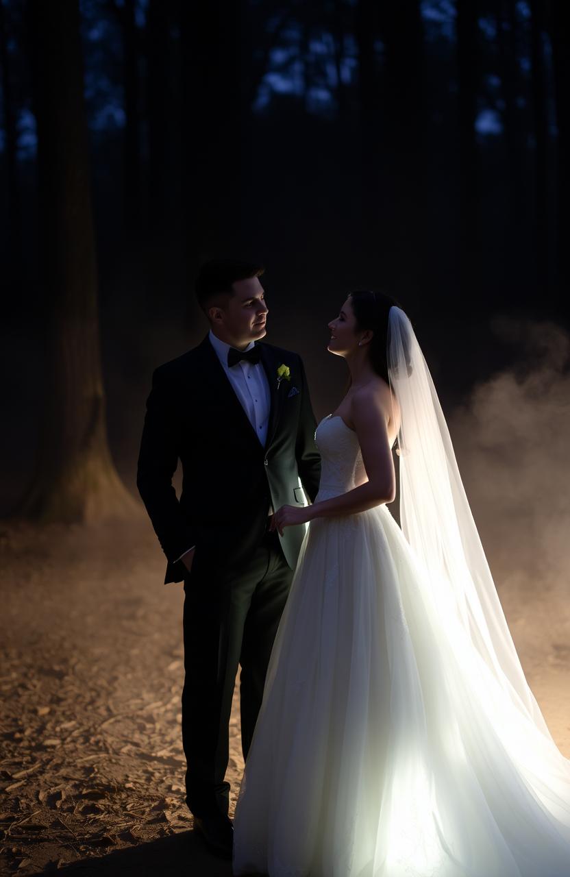 A mysterious couple dressed in elegant bridal attire, standing in a dimly lit forest at twilight