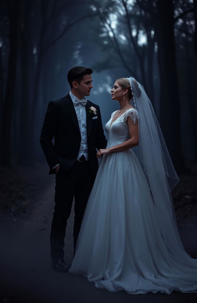 A mysterious couple dressed in elegant bridal attire, standing in a dimly lit forest at twilight