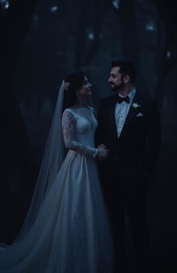 A mysterious couple dressed in elegant bridal attire, standing in a dimly lit forest at twilight