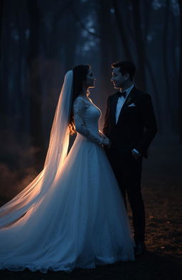 A mysterious couple dressed in elegant bridal attire, standing in a dimly lit forest at twilight