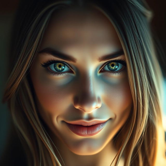 A captivating portrait of a beautiful woman with striking green eyes, her gaze intense and alluring