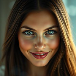 A captivating portrait of a beautiful woman with striking green eyes, her gaze intense and alluring