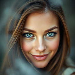 A captivating portrait of a beautiful woman with striking green eyes, her gaze intense and alluring