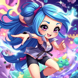 A dynamic and colorful illustration of a female character in an animated style, showcasing vibrant designs with exaggerated features