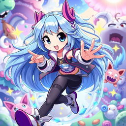 A dynamic and colorful illustration of a female character in an animated style, showcasing vibrant designs with exaggerated features