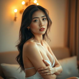 A sensual and artistic portrayal of a 30-year-old Asian woman, embodying elegance and confidence