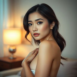 A sensual and artistic portrayal of a 30-year-old Asian woman, embodying elegance and confidence