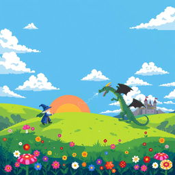 A vibrant scene rendered in pixel art style featuring a fantastical landscape with rolling hills, a bright blue sky dotted with fluffy white clouds, and a colorful sunset in the background