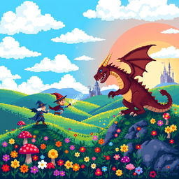 A vibrant scene rendered in pixel art style featuring a fantastical landscape with rolling hills, a bright blue sky dotted with fluffy white clouds, and a colorful sunset in the background