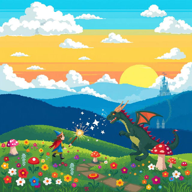 A vibrant scene rendered in pixel art style featuring a fantastical landscape with rolling hills, a bright blue sky dotted with fluffy white clouds, and a colorful sunset in the background