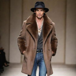 A handsome, slim male model in stylish runway jeans, adorned with fine jewelry and a lustrous mink coat, topped with a fashionable hat