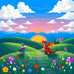 A vibrant scene rendered in pixel art style featuring a fantastical landscape with rolling hills, a bright blue sky dotted with fluffy white clouds, and a colorful sunset in the background