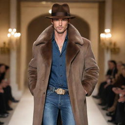 A handsome, slim male model in stylish runway jeans, adorned with fine jewelry and a lustrous mink coat, topped with a fashionable hat