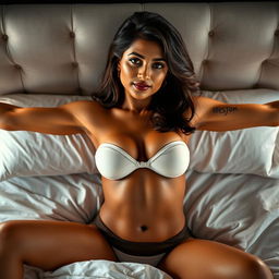 A stunning Indian woman in her mid-30s, elegantly dressed in stylish underwear, stretched out gracefully on a plush bed