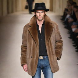 A handsome, slim male model in stylish runway jeans, adorned with fine jewelry and a lustrous mink coat, topped with a fashionable hat