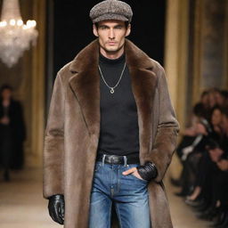 A handsome, slim male model in stylish runway jeans, adorned with fine jewelry and a lustrous mink coat, topped with a fashionable hat