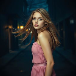 A beautiful young woman with light brown hair, wearing a pleated pink dress, stands against the backdrop of a dark, eerie street