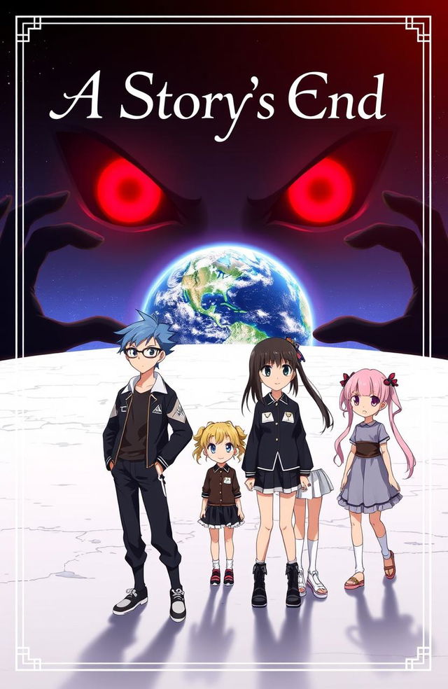 An anime cover featuring 3 boys and 2 girls standing confidently on a vast white plane, with the Earth visible in the distance