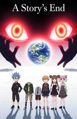 An anime cover featuring 3 boys and 2 girls standing confidently on a vast white plane, with the Earth visible in the distance