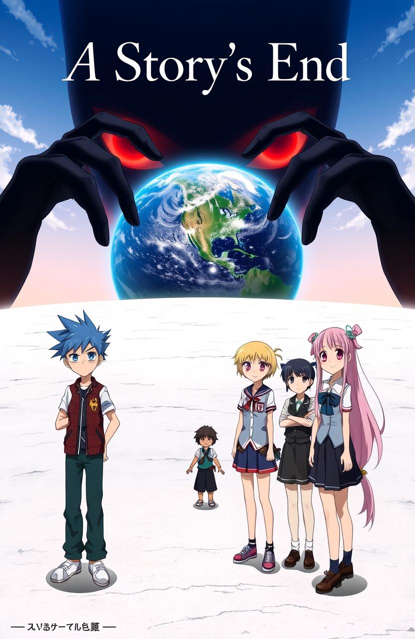 An anime cover featuring 3 boys and 2 girls standing confidently on a vast white plane, with the Earth visible in the distance