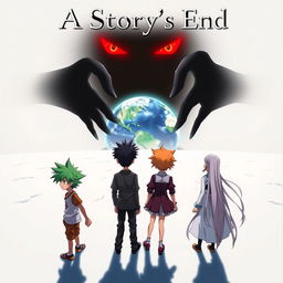 An anime cover depicting 3 boys and 2 girls standing heroically on a vast white plane, gazing into the distance where the Earth looms large