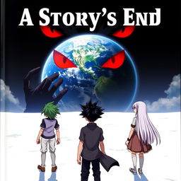 An anime cover depicting 3 boys and 2 girls standing heroically on a vast white plane, gazing into the distance where the Earth looms large