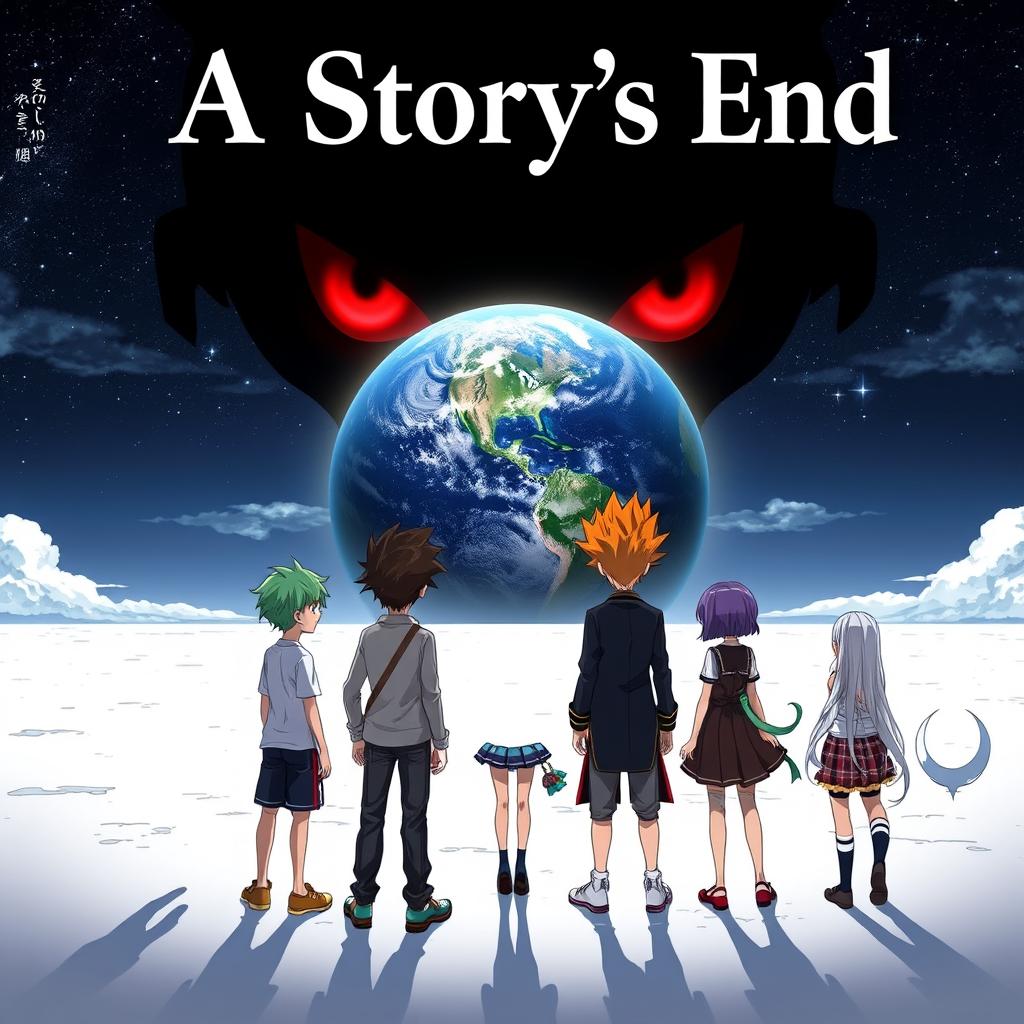 An anime cover depicting 3 boys and 2 girls standing heroically on a vast white plane, gazing into the distance where the Earth looms large