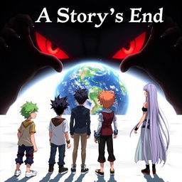 An anime cover depicting 3 boys and 2 girls standing heroically on a vast white plane, gazing into the distance where the Earth looms large