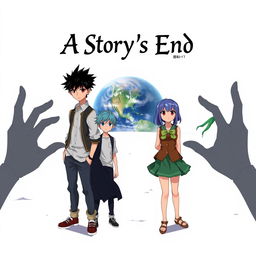An anime cover illustrating 2 adult boys and 2 adult girls standing boldly on a vast white plane, with the Earth looming in the distance