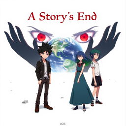 An anime cover illustrating 2 adult boys and 2 adult girls standing boldly on a vast white plane, with the Earth looming in the distance