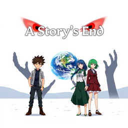 An anime cover illustrating 2 adult boys and 2 adult girls standing boldly on a vast white plane, with the Earth looming in the distance