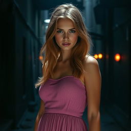 A beautiful young woman with light brown hair wearing a pink pleated dress, standing in a mysterious dark street background