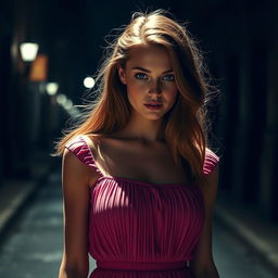 A beautiful young woman with light brown hair wearing a pink pleated dress, standing in a mysterious dark street background