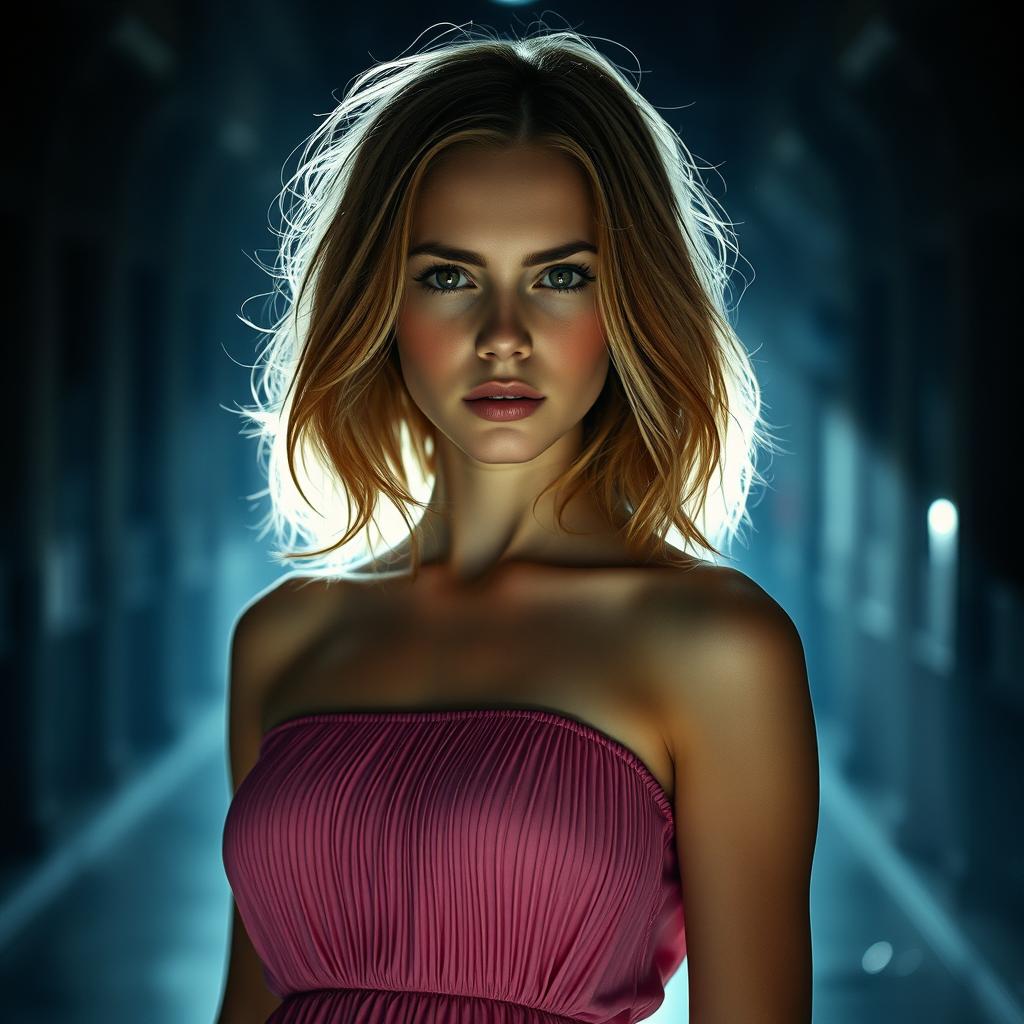 A beautiful young woman with light brown hair wearing a pink pleated dress, standing in a mysterious dark street background