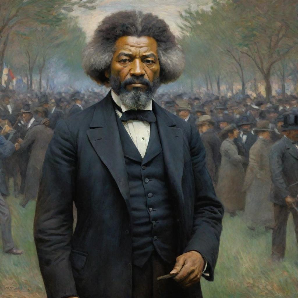 Illustrate Frederick Douglass in robust protest, his figure commanding attention, in Claude Monet's impressionistic style. His presence radiates determination and defiance, while the vibrant crowd and environment further amplify the scene's emotive power.